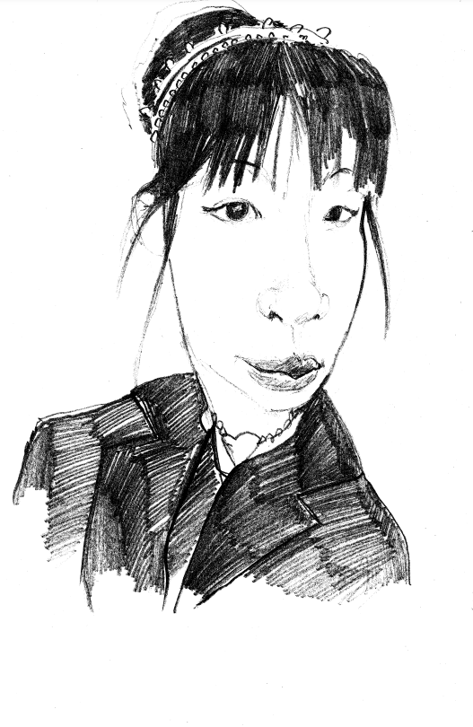 Un dessin au crayon noir et blanc d'une femme en costume.