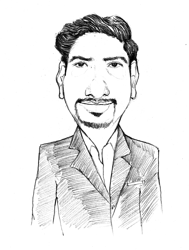 Un dessin en noir et blanc d'un homme en costume.