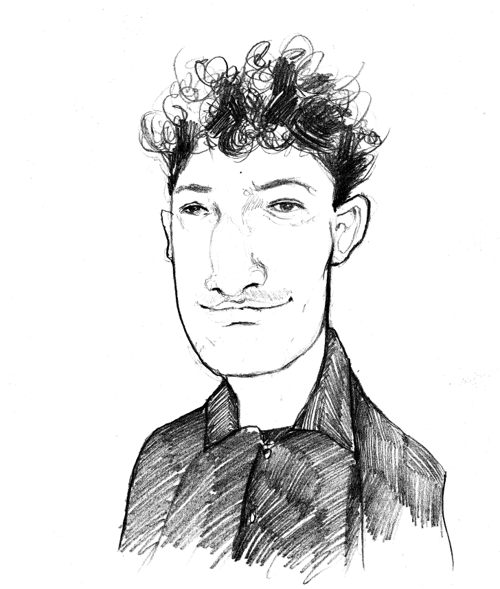 Un dessin en noir et blanc d'un homme aux cheveux bouclés et à la moustache.