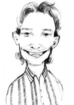 Un dessin en noir et blanc d'un homme portant une chemise rayée et souriant.