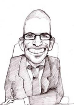 Un dessin en noir et blanc d'un homme portant des lunettes et un costume