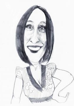 Un dessin en noir et blanc d'une femme aux cheveux courts souriante.