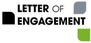 Un logo de lettre d'engagement avec un triangle noir, gris et vert.