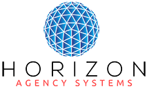 The logo for horizon agency systems is a blue globe with triangles on it.
