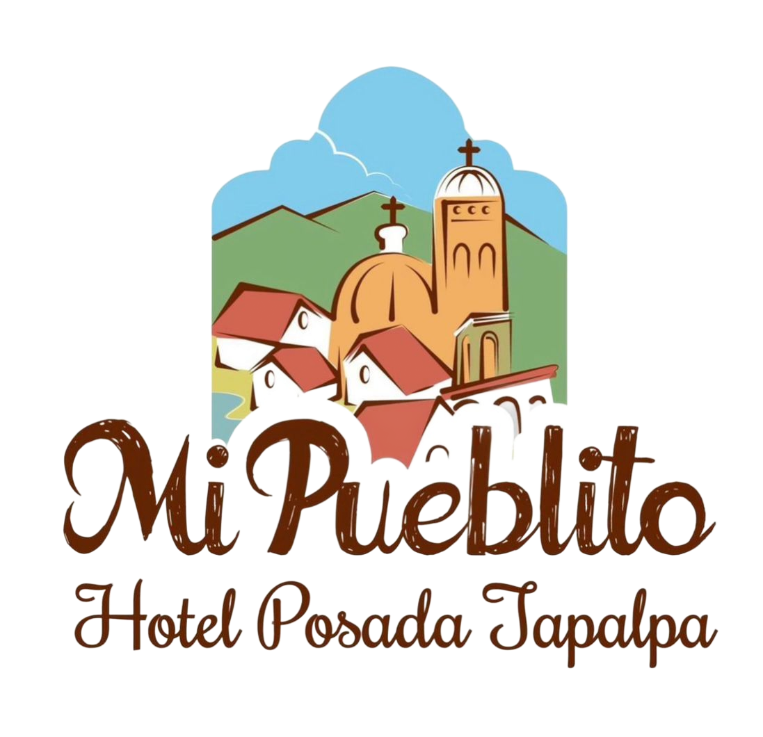 Logotipo del Hotel Posada Mi Pueblito, que presenta una ilustración estilizada de un Tapalpa con una iglesia y montañas.