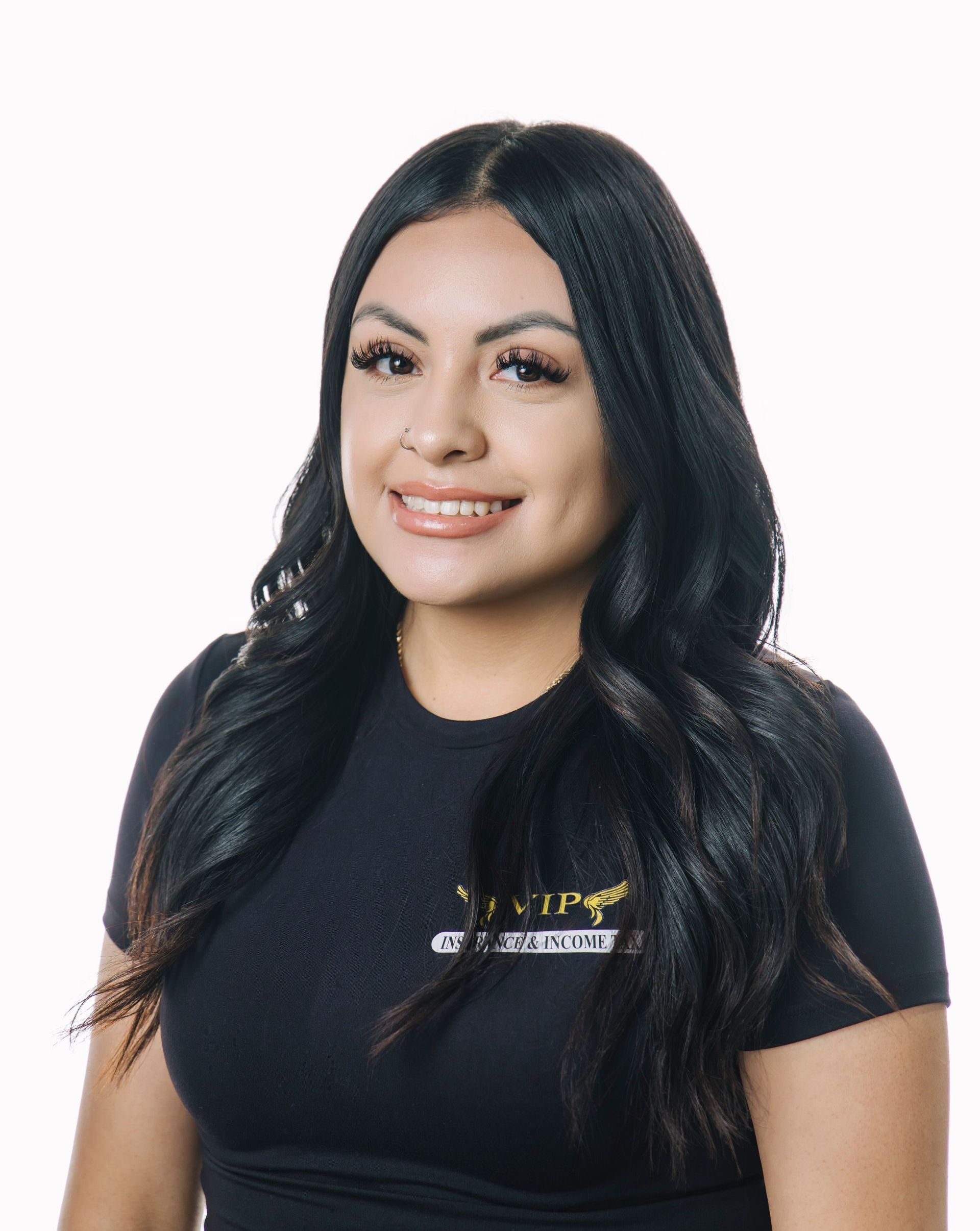 A woman without a face is wearing a suit and white shirt