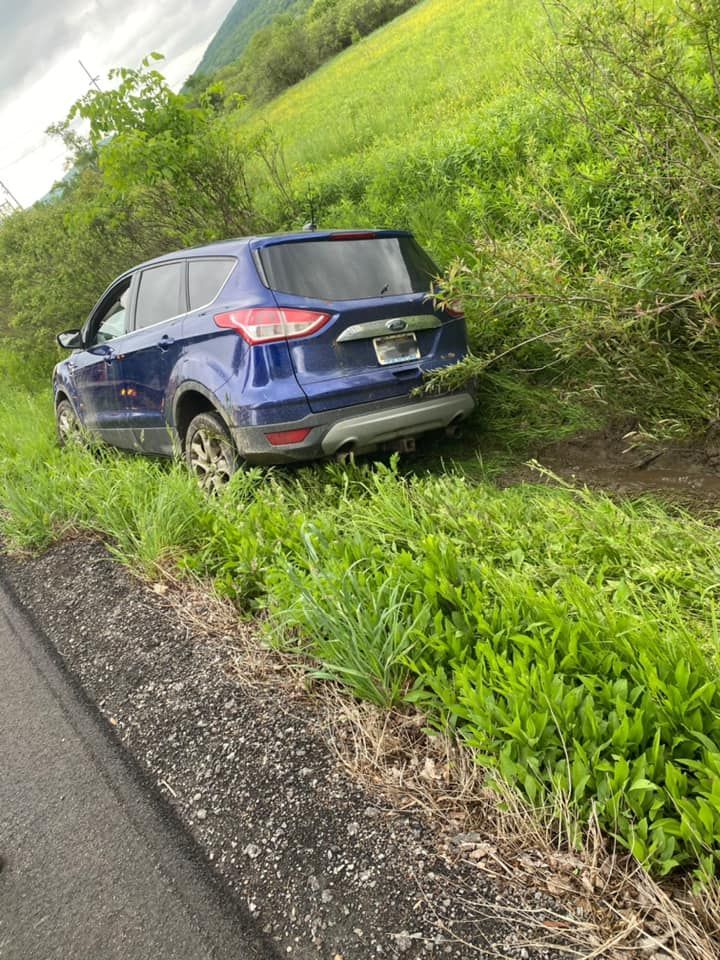 Blue SUV stuck in a grassy ditch beside a road, with a green hillside in the background.