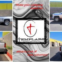 A collage of pictures of trucks parked in front of buildings.