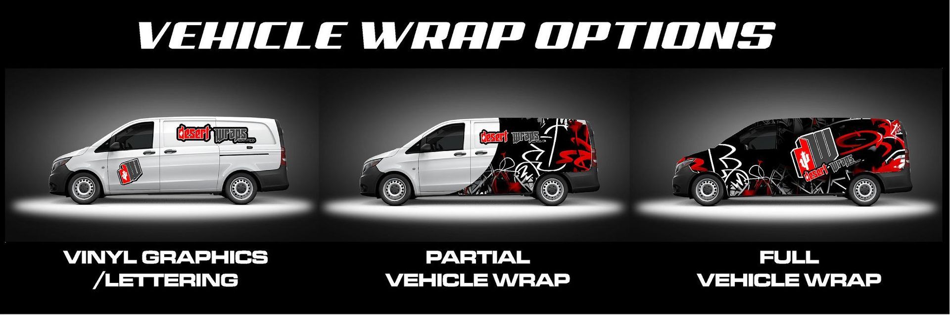 Three different vehicle wrap options are shown on a black background