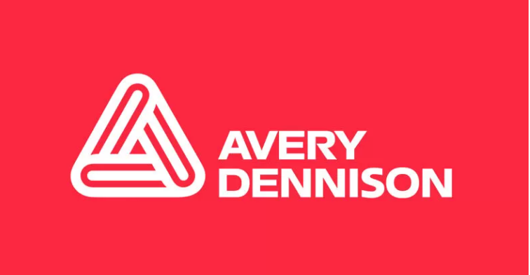 The avery dennison logo is on a red background.