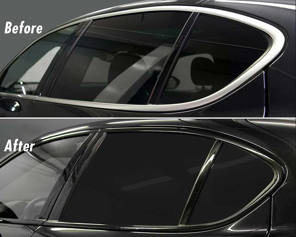 A before and after picture of a car with chrome trim