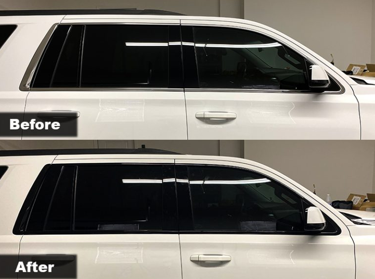 A before and after picture of a white suv with black windows.