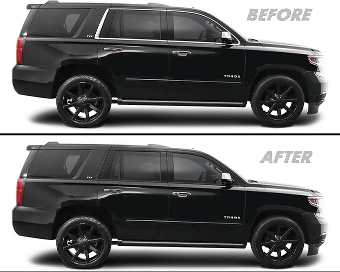 A black suv is shown before and after being lifted