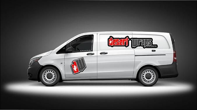 A white van with a red and black logo on the side