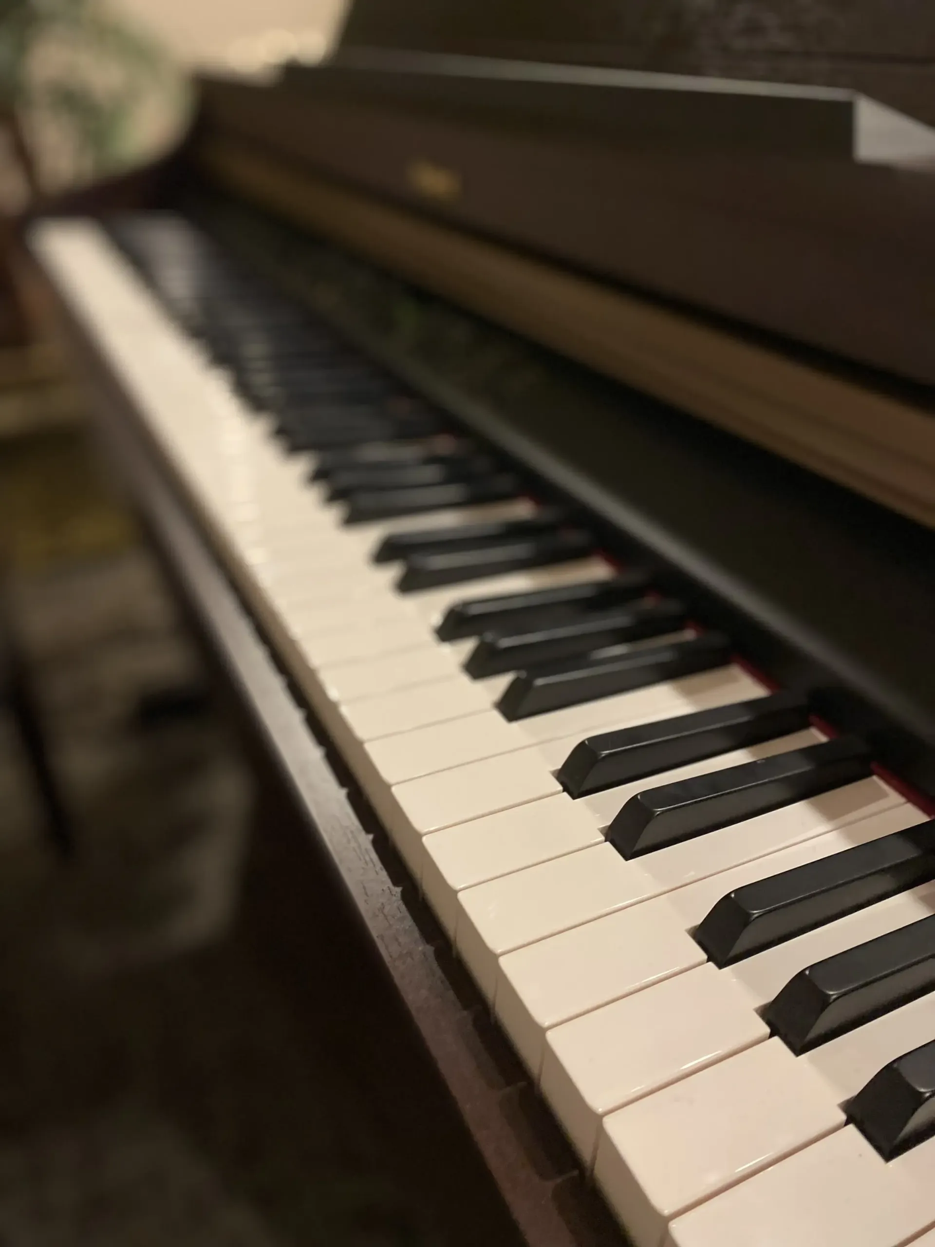 Close-up of a black piano keyboard with glossy keys in warm indoor light