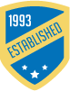 A blue and yellow shield with the words `` 1993 established '' on it.