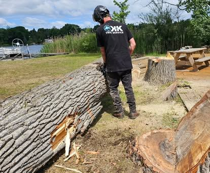 A person in a hard hat and safety gear uses a chainsaw to cut a thick log in a yard.
