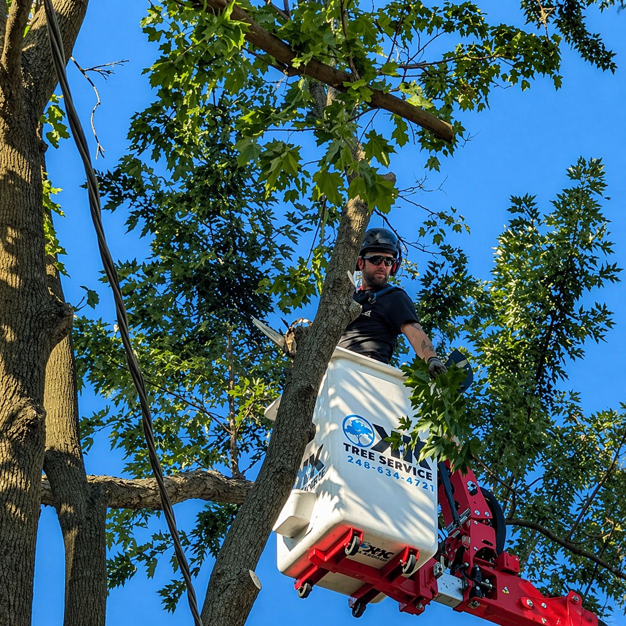 A person in a plaid shirt and yellow work gloves crouches on wood chips, positioning a large log near a tool.