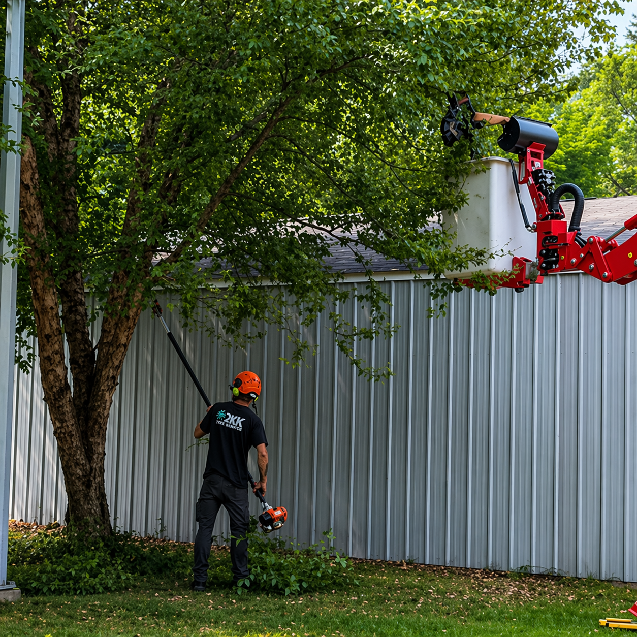 Several large, freshly cut logs stacked near the base of a textured, mossy tree in a sunlit forest.