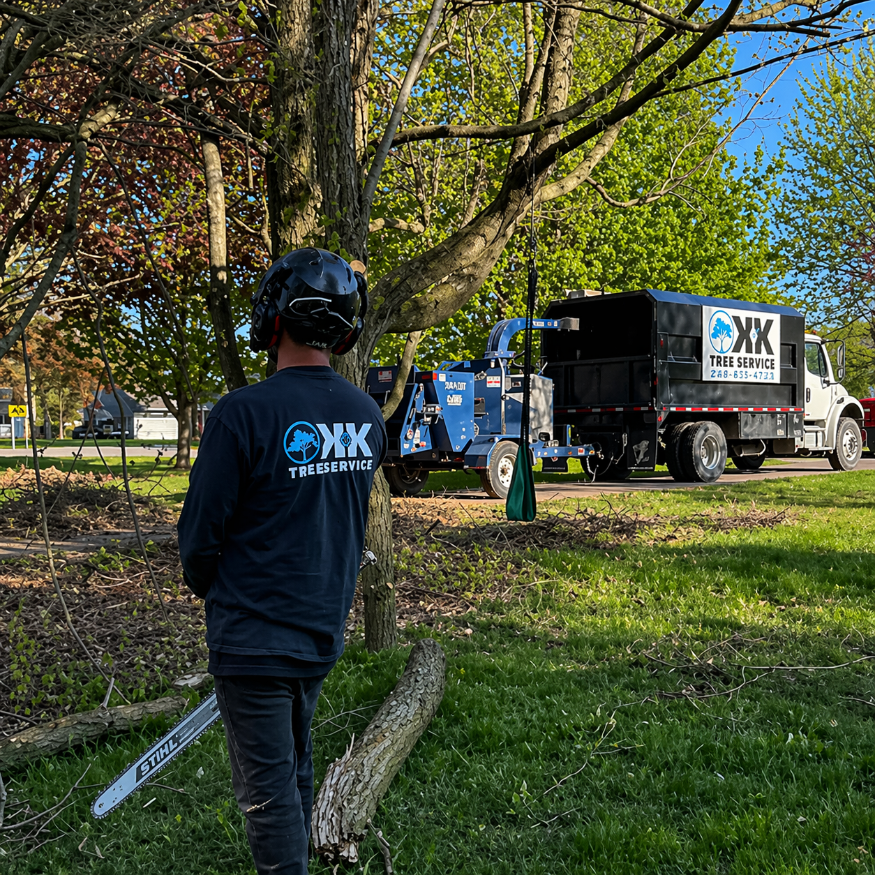 A person in a helmet and orange shirt hangs from a rope while using a hand saw to trim branches in a leafy tree.