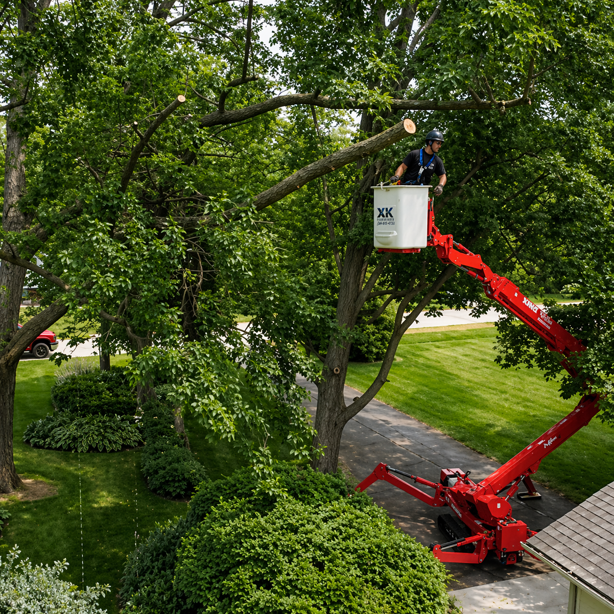 An orange excavator sits atop a pile of concrete rubble in front of a warehouse, with a yellow scissor lift to the right.
