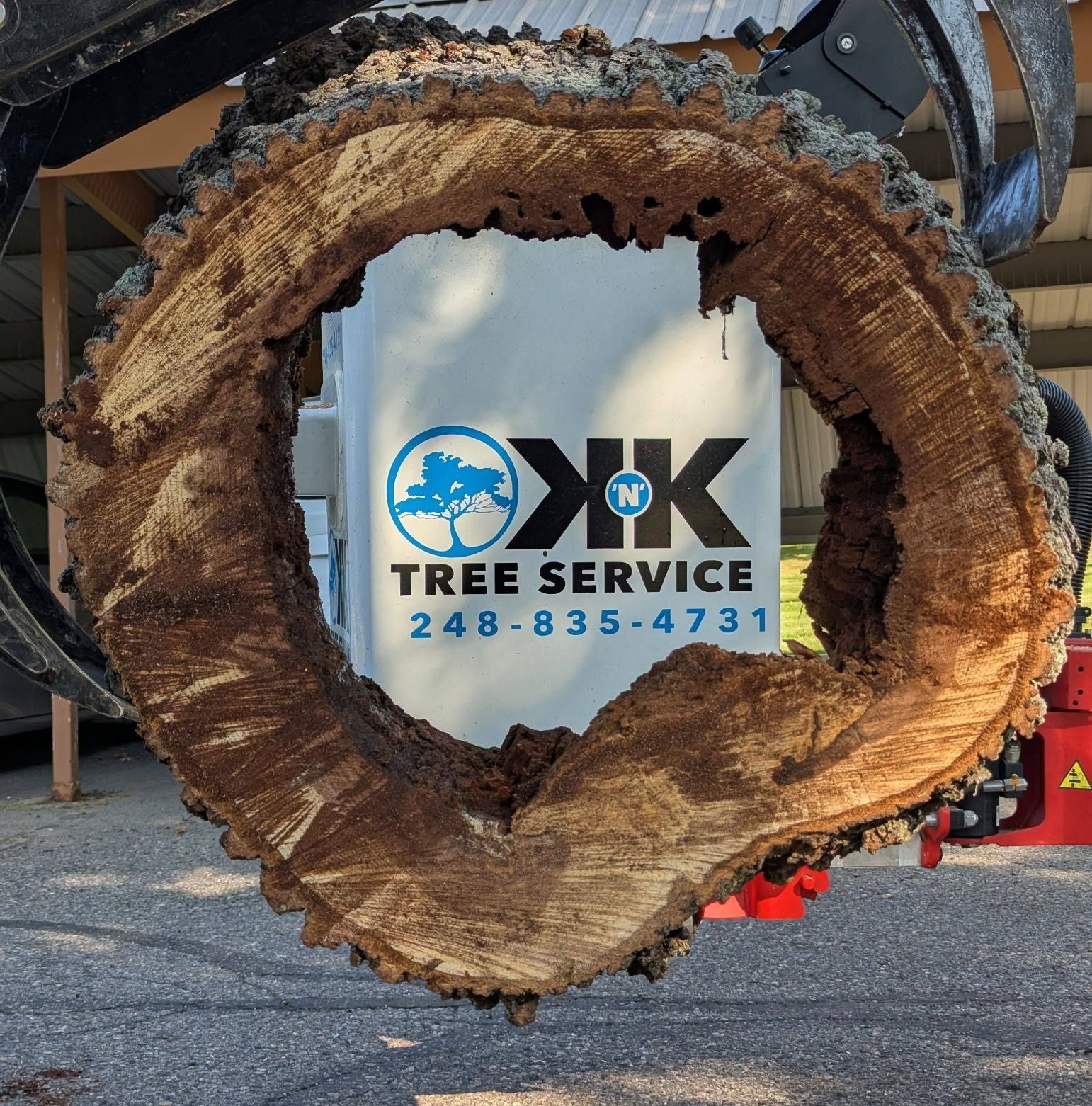 A tree worker in a neon green shirt uses a chainsaw to cut a trunk while suspended in the air, surrounded by wood chips.