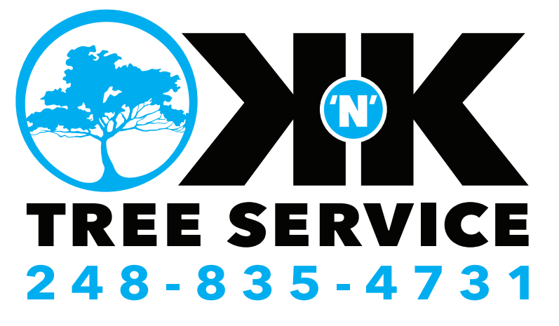 Logo for K 'N' K Tree Service, featuring a blue tree icon, black text, and phone number 248-835-4731 on a white background.