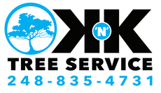 Logo for K 'N' K Tree Service, featuring a blue tree icon, black text, and phone number 248-835-4731 on a white background.
