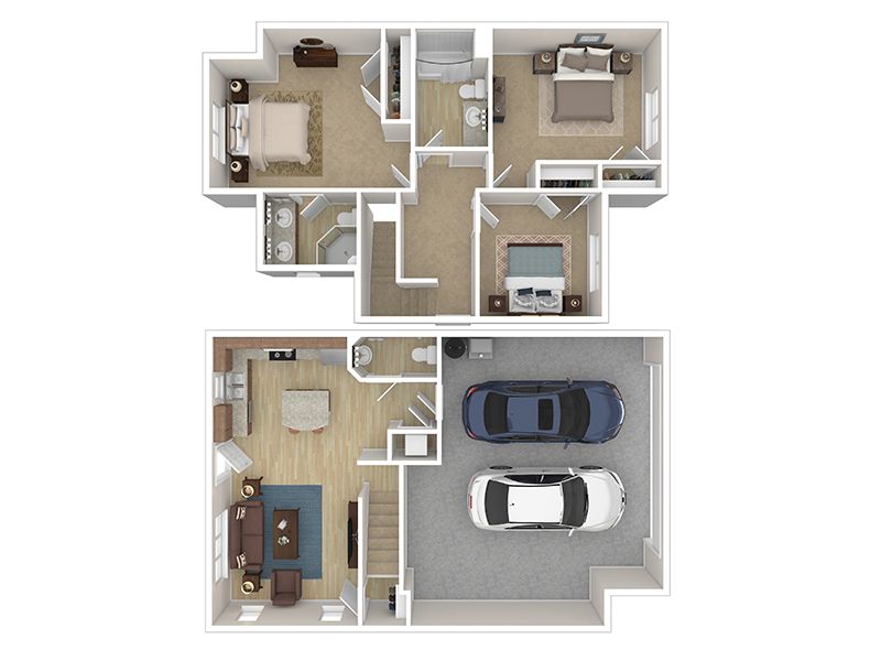 Two-story house floor plan: bedrooms upstairs, living area and garage below.