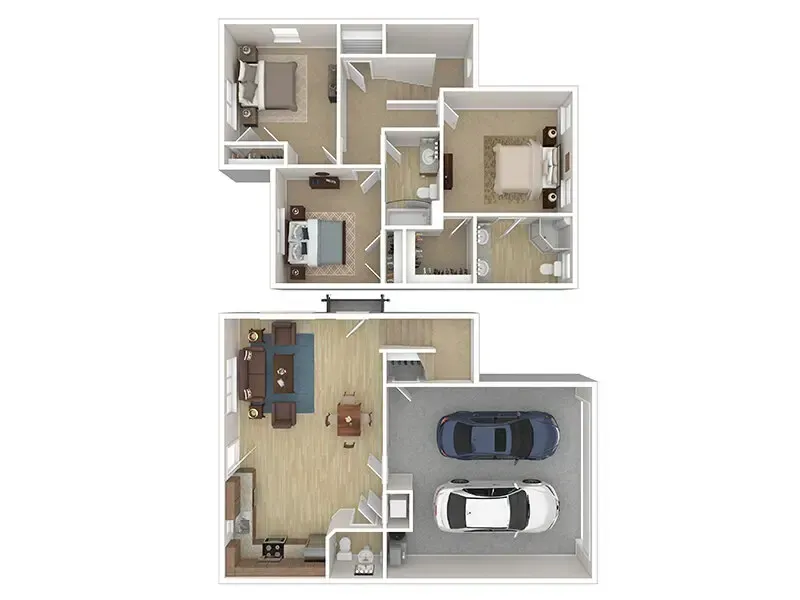 Two-story house floor plan with bedrooms upstairs and living areas, garage downstairs.