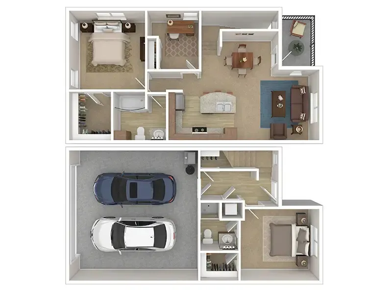 Two-story house floor plan with bedrooms, living areas, kitchen, dining, garage, and a small balcony.