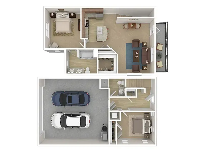 Top-down view of a two-story house floor plan. Includes bedrooms, living areas, kitchen, bathroom, and garage.