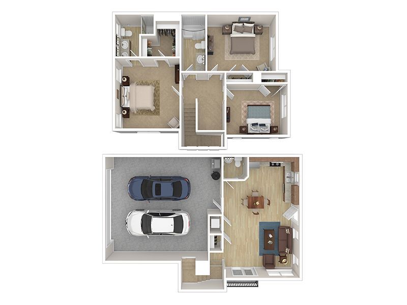 Two-story floor plan: garage, living area, dining, three bedrooms, and bathrooms. Blue and white cars in garage.