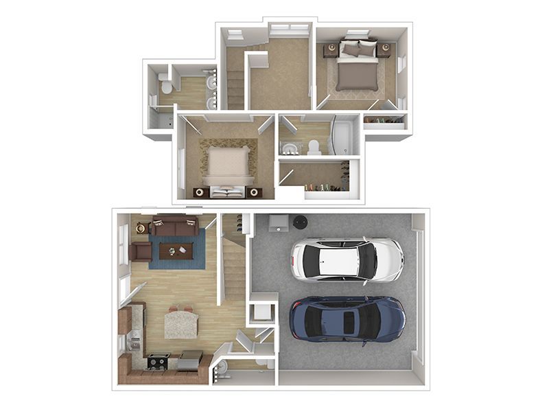 Floor plan of a two-story house with a garage, bedrooms, living spaces, and bathrooms.