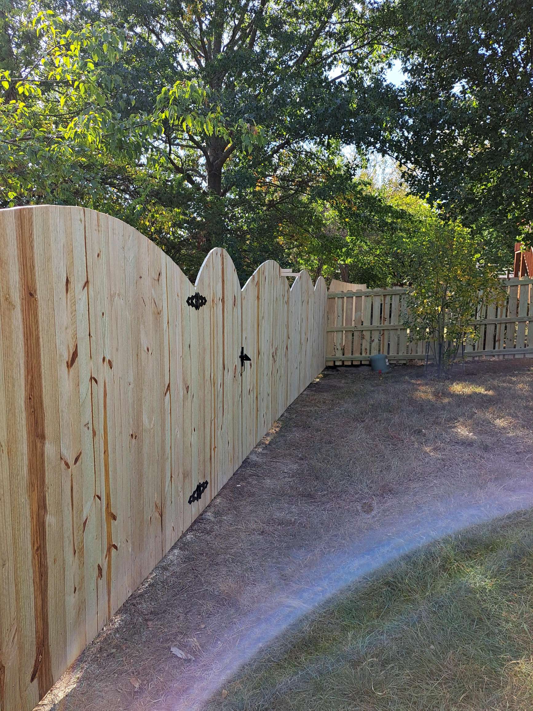 A wooden fence surrounds a dirt path in a backyard.