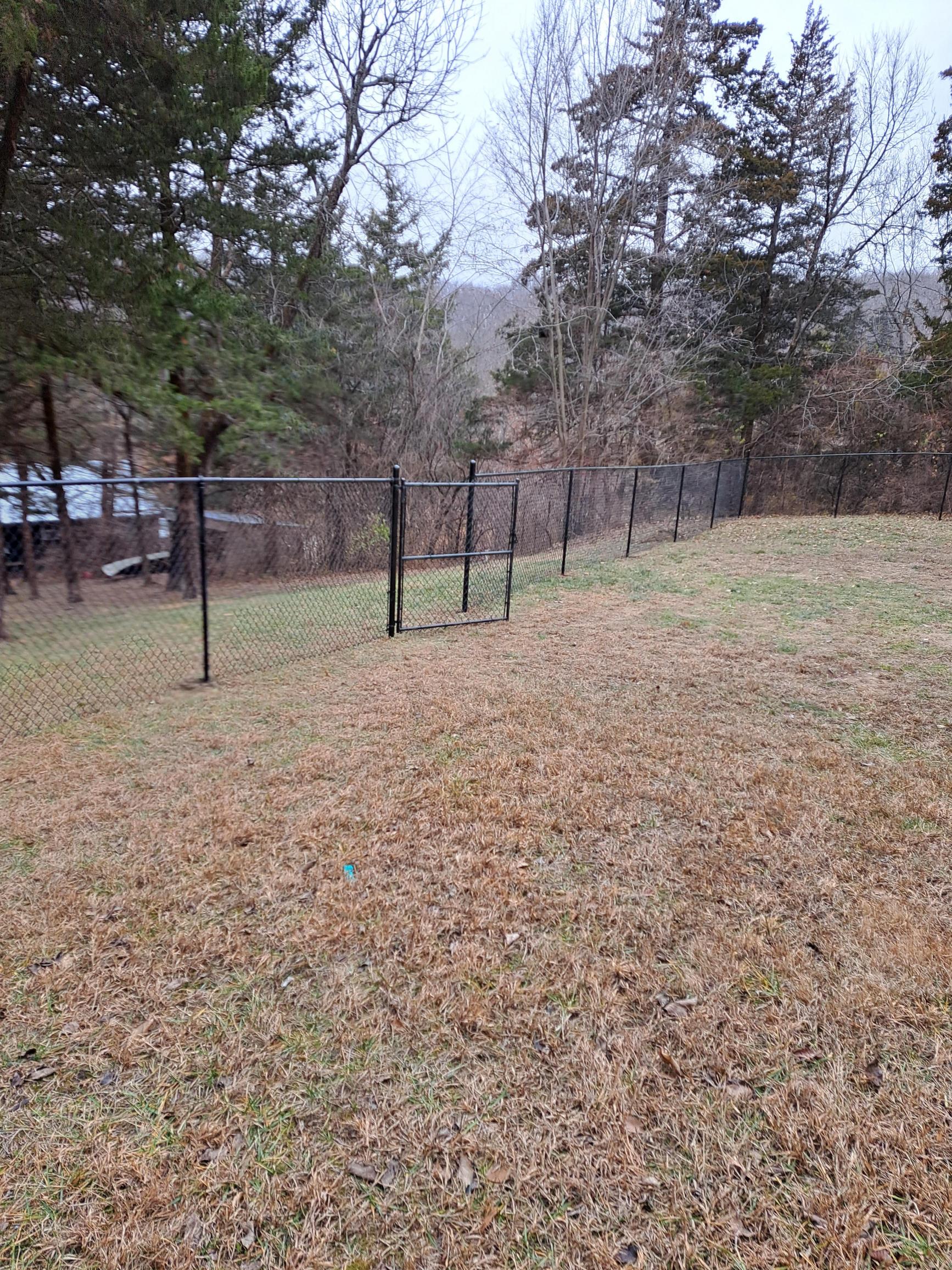 A fenced in yard with a lot of leaves on the ground and trees in the background.