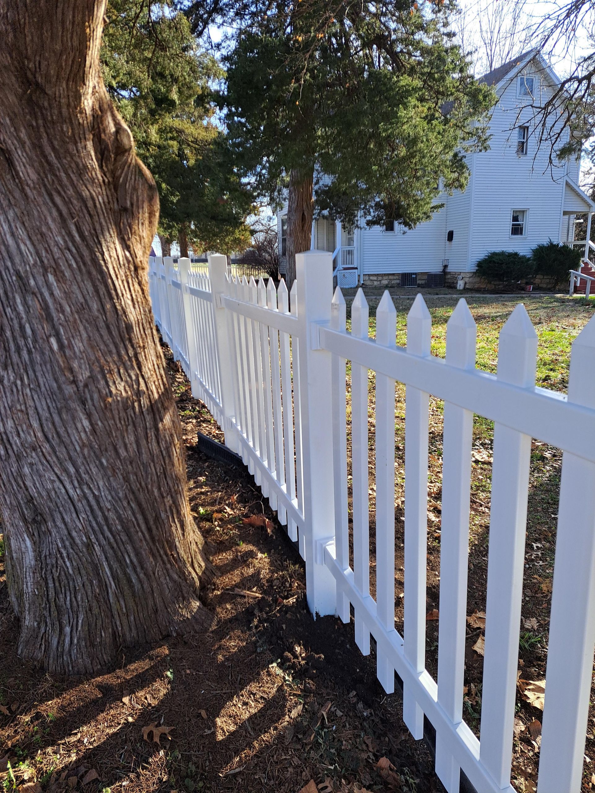 A white picket fence surrounds a tree in front of a house.