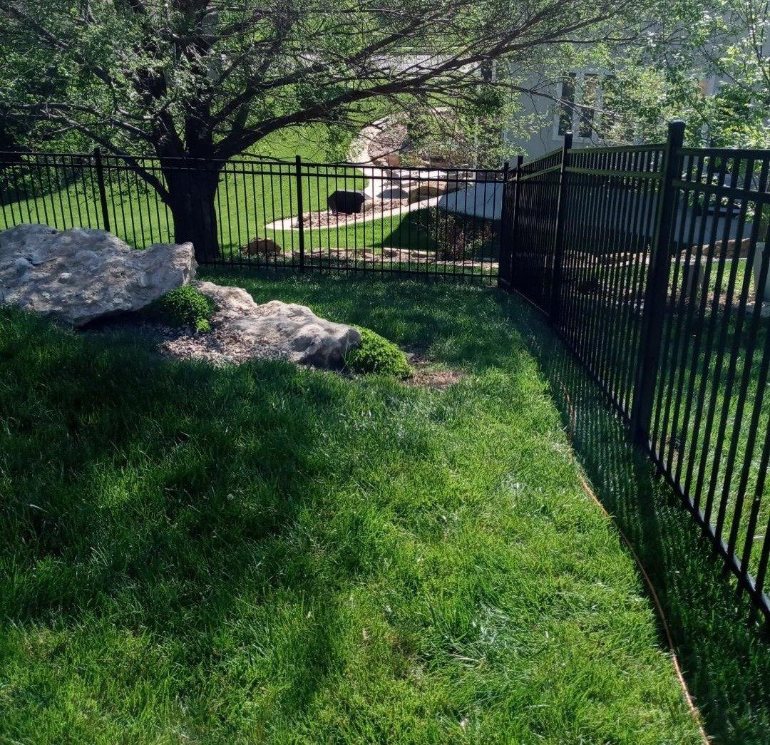 A fence surrounds a lush green yard with trees and rocks.