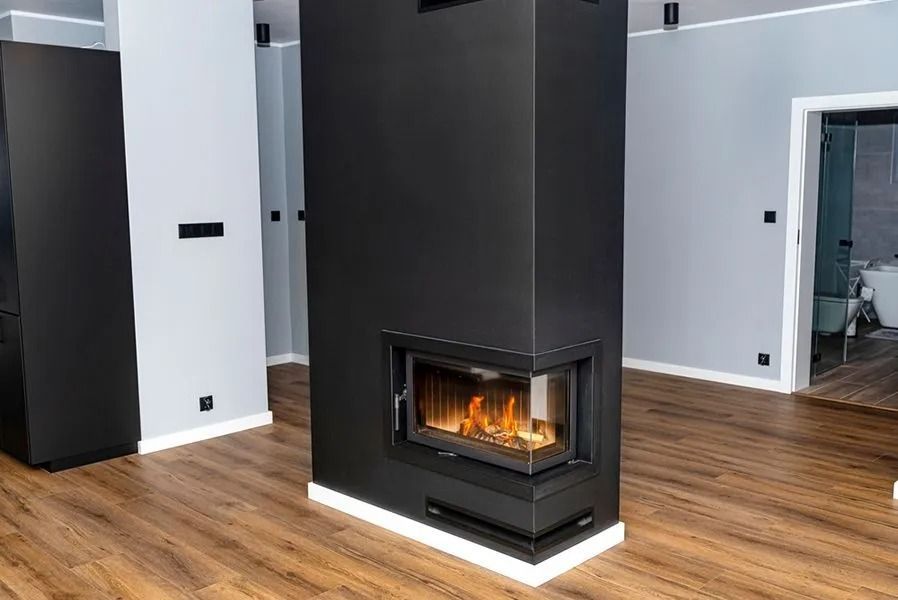 Black Fireplace With Flames, Built Into a Corner, in a Room — Climate King In Orange, NSW