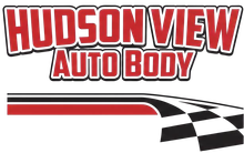 A logo for Hudson View Auto Body in red and black text above a stylized road graphic ending in a checkered flag pattern.