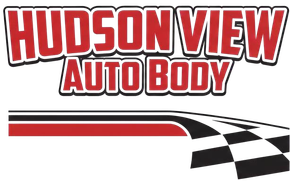 A logo for Hudson View Auto Body in red and black text above a stylized road graphic ending in a checkered flag pattern.