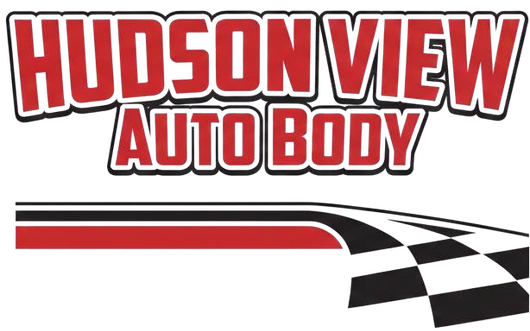 A logo for Hudson View Auto Body in red and black text above a stylized road graphic ending in a checkered flag pattern.