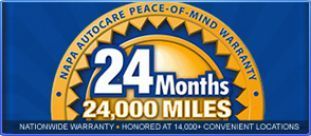 NAPA AutoCare Peace-of-Mind Warranty logo: 24 months/24,000 miles nationwide warranty honored at 14,000+ locations.