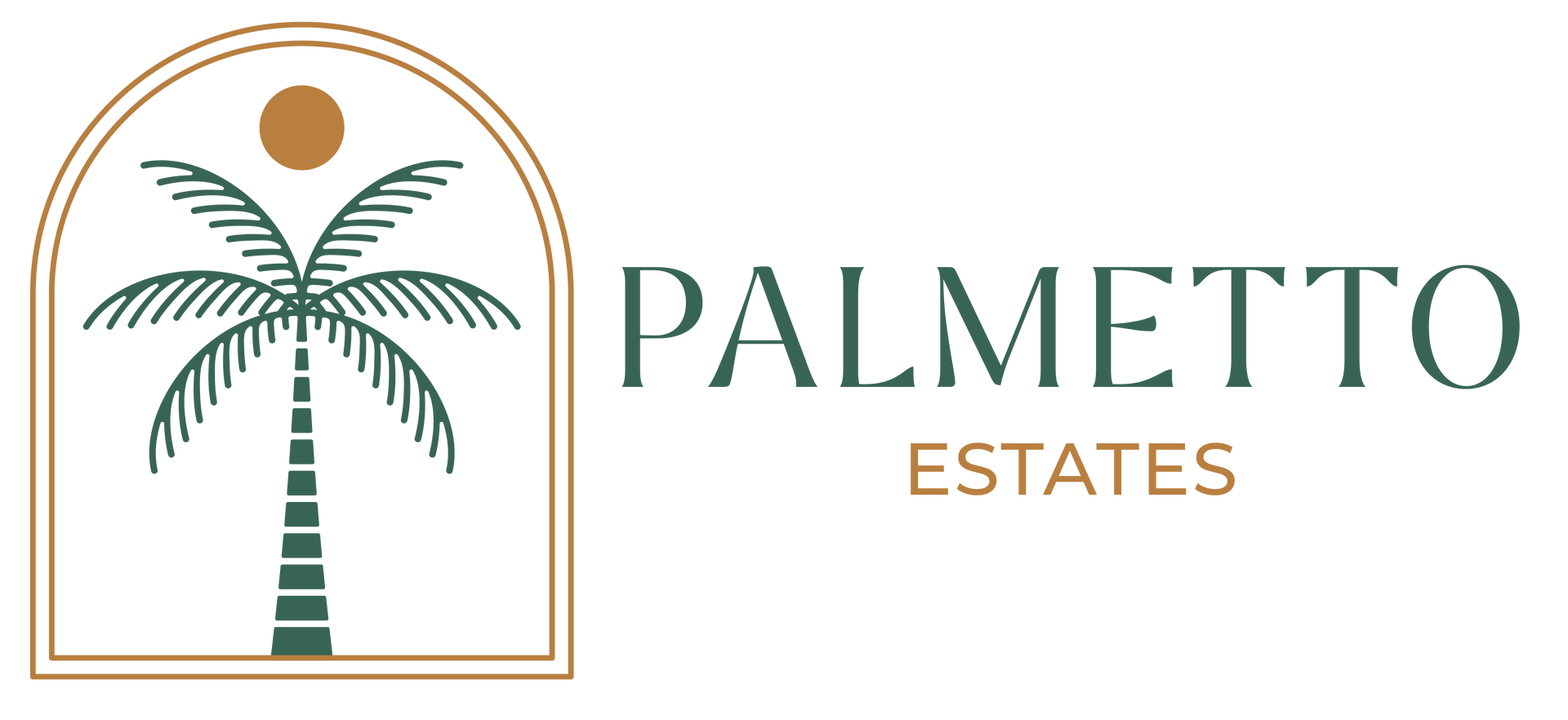 Logo for Palmetto Estates, featuring a stylized palm tree within an arch, with