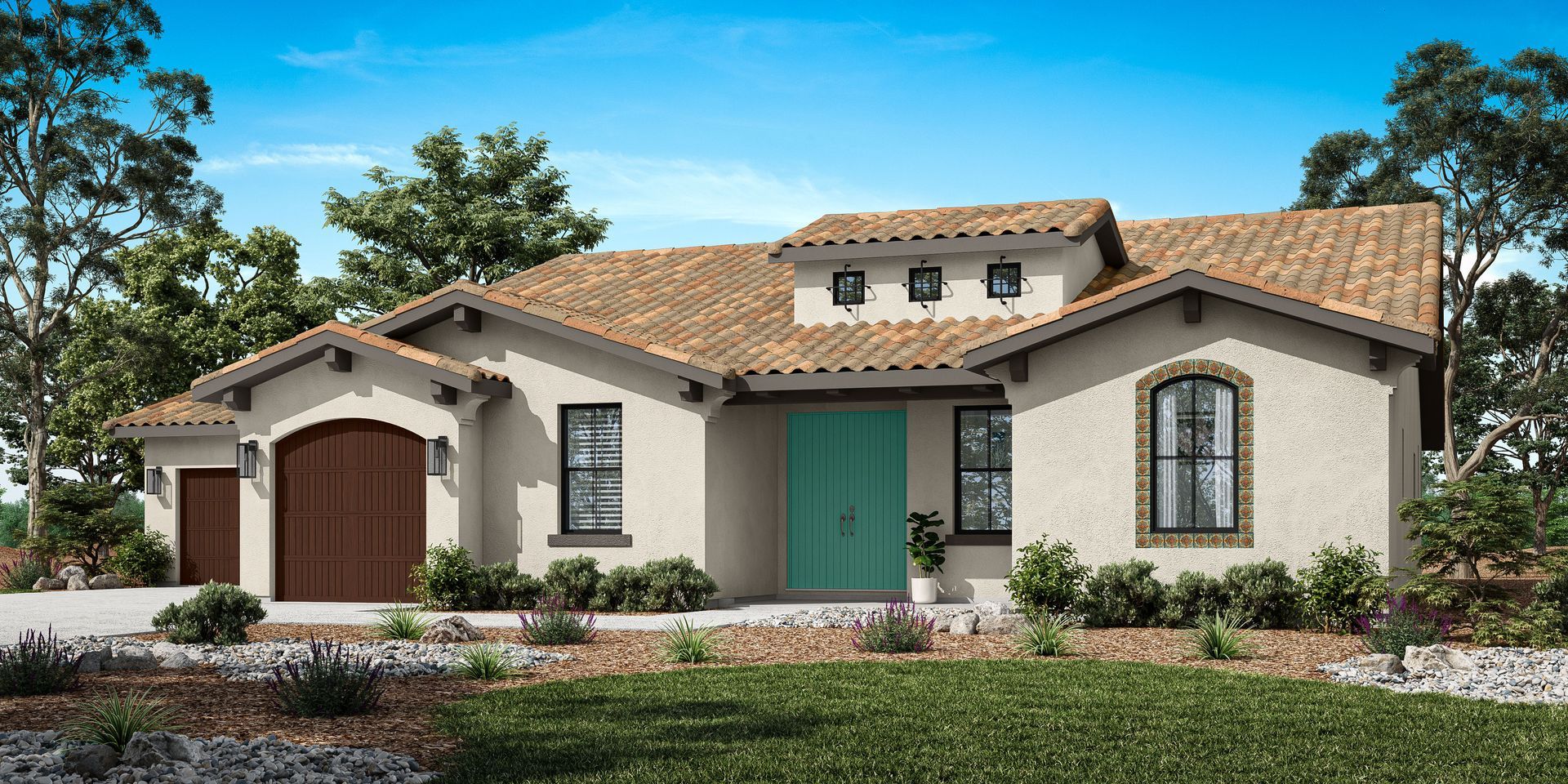 Spanish-style house with beige stucco, teal door, and brown tile roof under a clear blue sky.