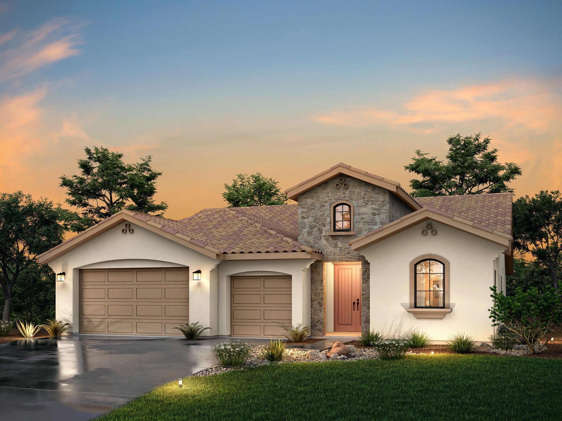 Spanish-style home with stucco exterior, tile roof, and two-car garage. Pink front door.