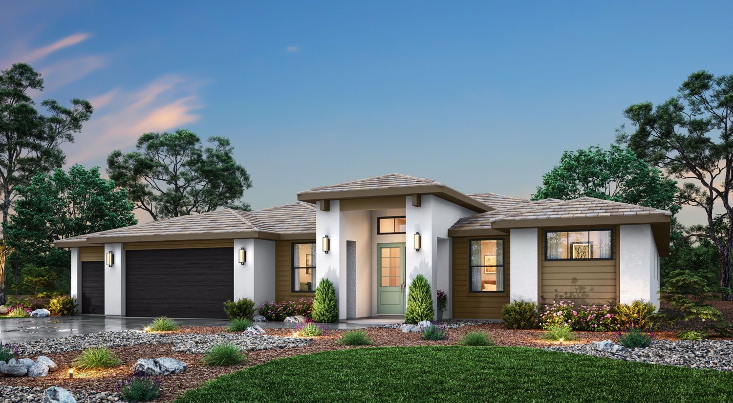 Modern one-story house with a green door, stone landscaping, and a dark garage door against a blue sky.