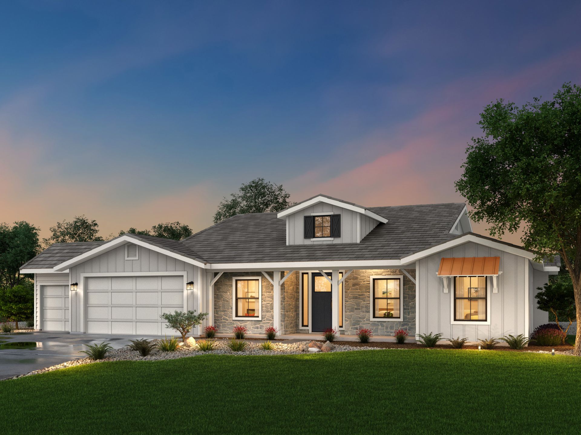 Modern farmhouse-style home with white siding, stone accents, and a dormer against a twilight sky.