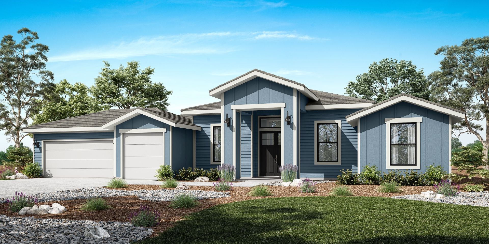 Blue house with white trim, a two-car garage, and landscaping under a blue sky.