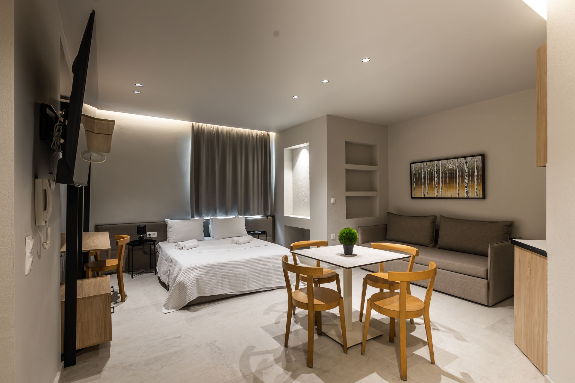 Studio apartment with a bed, table with chairs, sofa, and a television.